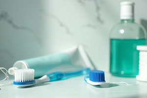 Oral hygiene instruments on bathroom countertop